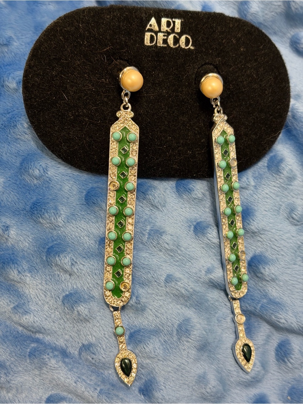 Art Deco Green and Gold Long Drop Earrings
